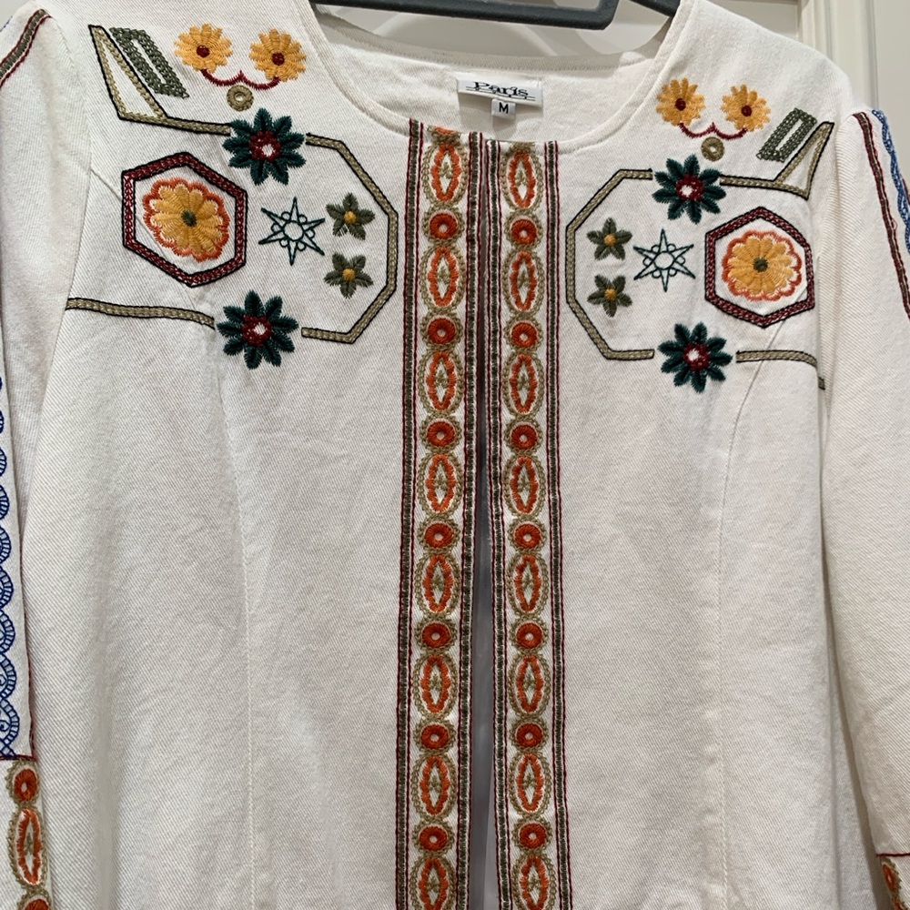 Embroidered White denim Jacket with Multicolor Patterns